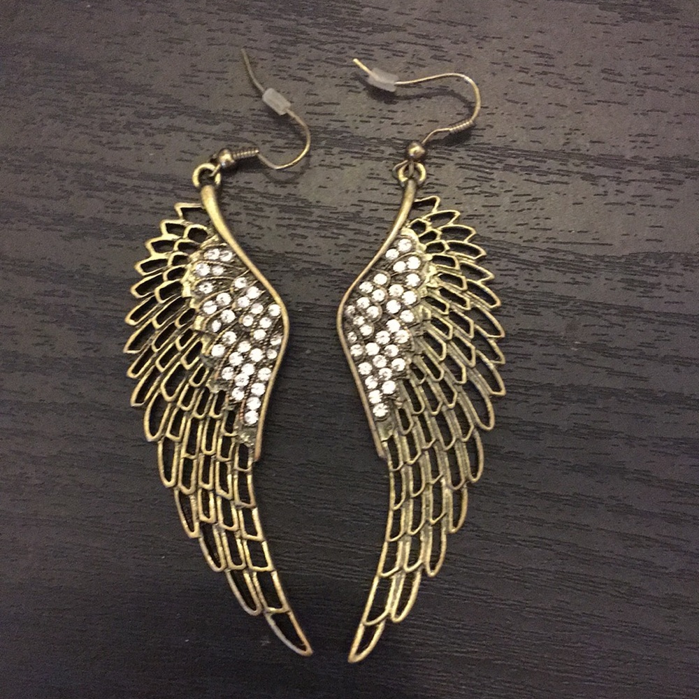 Bronze Stainless Steel Rhinestone Feather Earrings